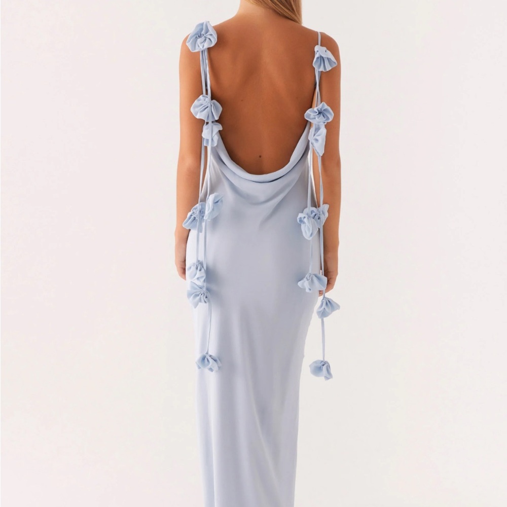 Peppermayo Powder Blue Backless Cowl Slip Dress with Floral Tie Straps
